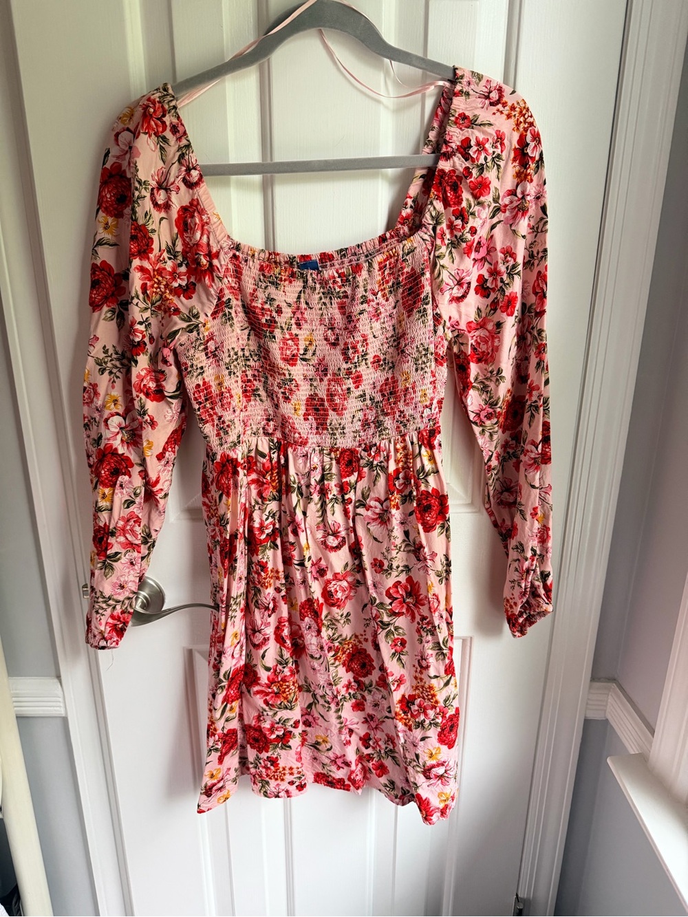Old Navy Pink Floral Smocked Mini Dress with Red Accents